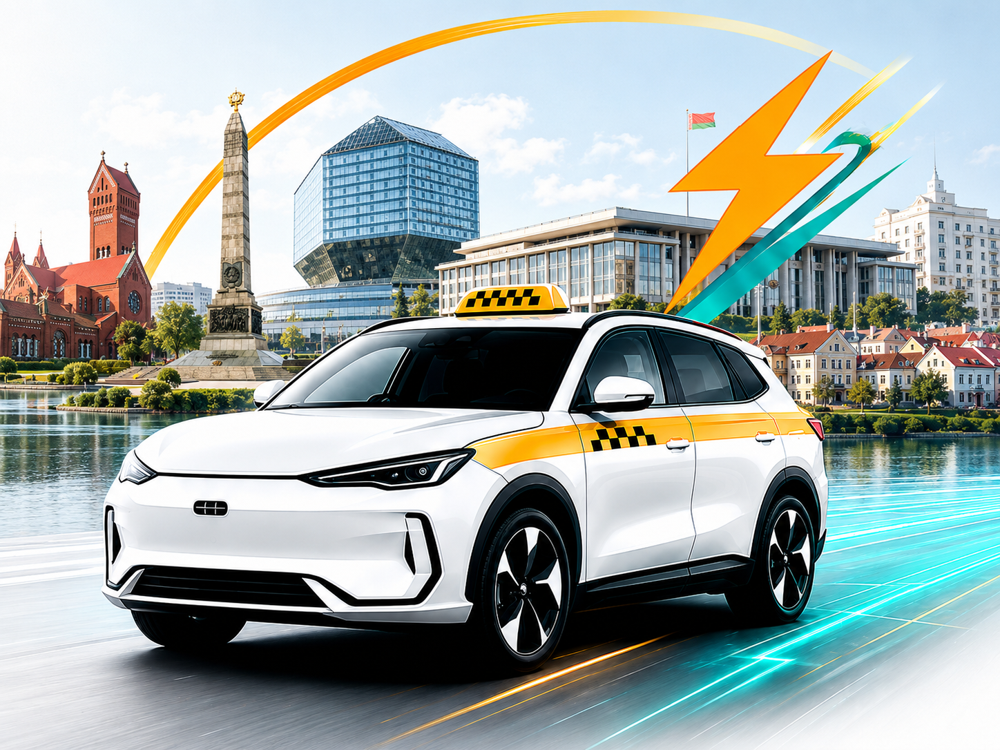 Белый электромобиль Geely E5 для такси в Минске