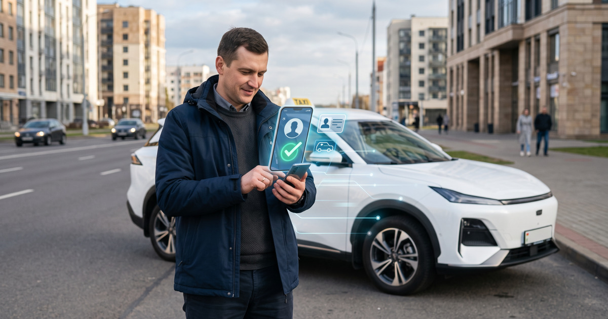 Водитель такси в Минске проверяет цифровую регистрацию и ID водителя в системе Реестра перевозок