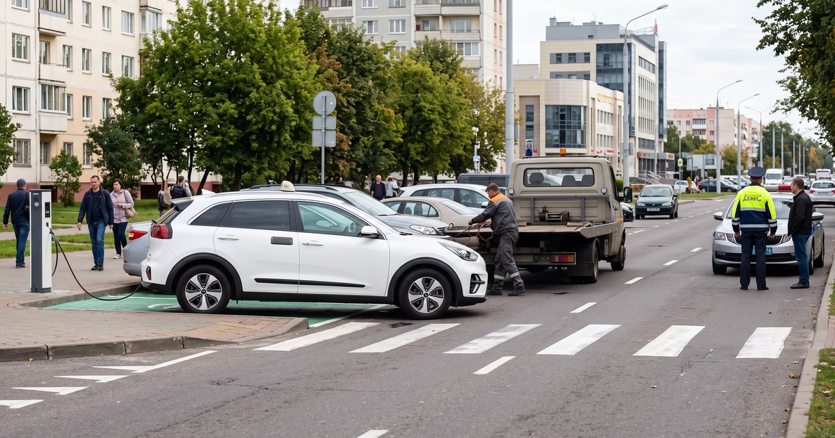 Эвакуатор и неправильно припаркованный электромобиль во время рейда ГАИ «Стоп-парковка» в Минске