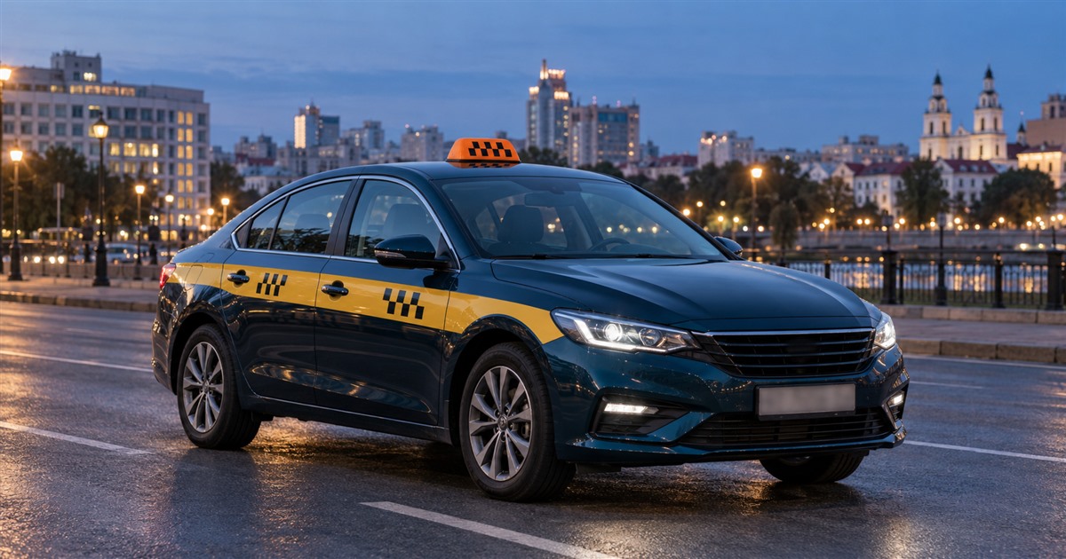 Тёмно-синий автомобиль такси с белорусской жёлтой полосой и оранжевым плафоном на улице Минска